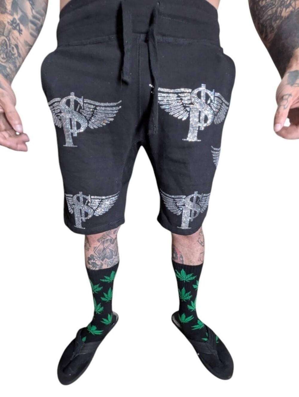 M$$ P$ MoneySign Suede Rhinestone Winged Logo Black Sweat Shorts - Size Small